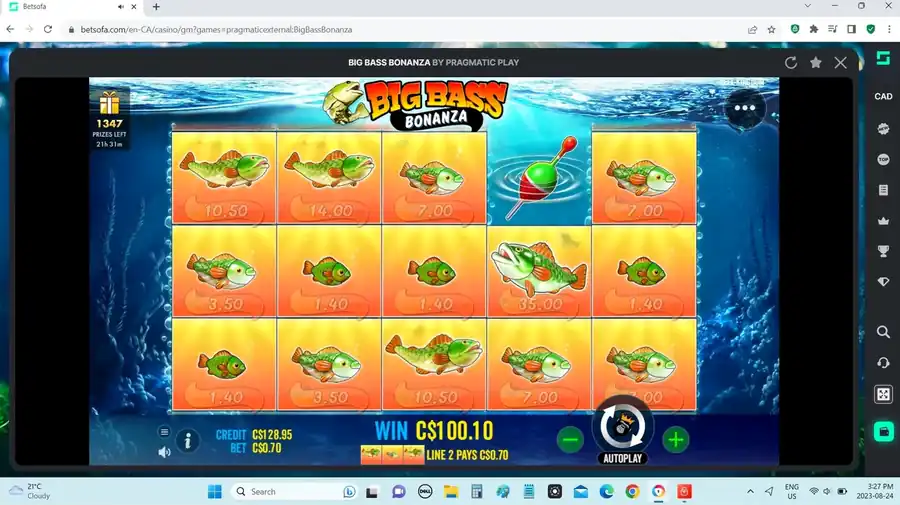 Крупный выигрыш C.10 с денежными рыбками в Big Bass Bonanza при ставке C-e.70