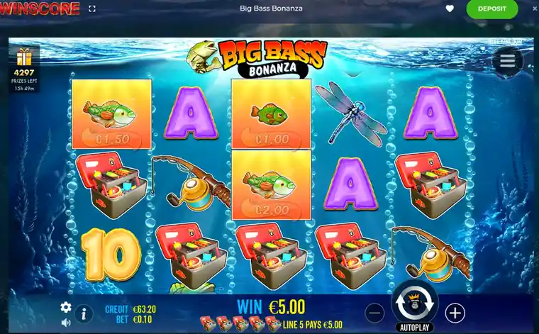 Денежные рыбки дают линейный выигрыш €5.00 при ставке €0.10 в Big Bass Bonanza