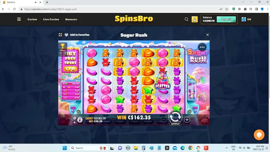 Крупный кластерный выигрыш C.35 в Sugar Rush при ставке C-e.20