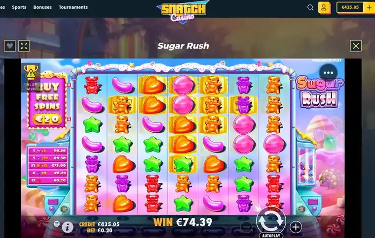 Кластерный выигрыш €74.39 в базовой игре Sugar Rush