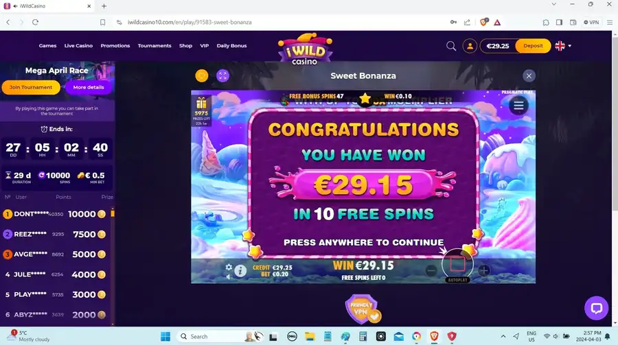 Крупный выигрыш €29.15 за 10 фриспинов в Sweet Bonanza